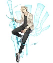  1boy aladdin_(sinoalice) beard blonde_hair blue_eyes bracelet cellphone energy_weapon facial_hair full_body hair_over_one_eye jacket jewelry ji_no looking_at_viewer male_focus necklace official_art phone polearm reality_arc_(sinoalice) shoes sinoalice smartphone sneakers solo transparent_background wallet watch weapon wristwatch 