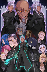  0lightsource 1other 6+boys absurdres ansem_seeker_of_darkness aura black_coat black_coat_(kingdom_hearts) blonde_hair card coat commentary demyx english_commentary evil_smile eyepatch facial_hair female glowing glowing_eyes goatee grey_hair highres hood hood_up keyblade kingdom_hearts kingdom_hearts_iii larxene luxord marluxia mask master_xehanort multiple_boys organization_xiii pink_hair pointy_ears possessed riku_replica saix scar smile spiked_hair terra_(kingdom_hearts) vanitas_(kingdom_hearts) vexen xehanort xemnas xigbar xion_(kingdom_hearts) yellow_eyes 