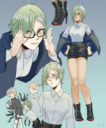  1boy bespectacled black-framed_eyewear black_footwear black_skirt blonde_hair blue_background boots breasts bubble_tea closed_eyes closed_mouth collared_shirt commentary_request dated_commentary eyes_visible_through_hair female full_body genderswap_(mtf) glasses green_hair hair_between_eyes hair_over_one_eye higekiri_(touken_ranbu) high_heel_boots high_heels hizamaru_(touken_ranbu) medium_breasts miniskirt open_mouth pencil_skirt pout rule_63 shirt shirt_tucked_in short_hair signature skirt smile squiggle touken_ranbu upper_body white_shirt z.i 