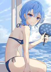  absurdres beach bikini blue_eyes blue_hair blue_nails breasts closed_mouth earrings female from_side halterneck hand_fan highres hololive hoshimachi_suisei jewelry kisara_mikami looking_at_viewer looking_to_the_side nail_polish paper_fan shirt short_hair side-tie_bikini_bottom sitting small_breasts smile solo stomach string_bikini swimsuit virtual_youtuber water 