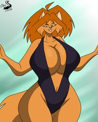  4:5 absurd_res anthro big_breasts bikini breasts brown_body brown_fur cheek_tuft chrisandcompany cleavage clothed clothing curvy_figure daryl_vecat domestic_cat facial_tuft felid feline felis female fur hair hi_res mammal one-piece_swimsuit orange_hair portrait simple_background sling_bikini smile solo swimwear thick_thighs three-quarter_portrait tuft voluptuous wide_hips 