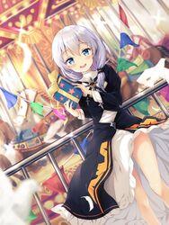  :d animal artist_request bad_id bad_link bird black_dress blue_eyes blurry blurry_foreground carnival carousel dove dress dutch_angle feathers female gift highres holding holding_gift honkai_(series) honkai_impact_3rd long_hair long_sleeves looking_at_viewer nun open_mouth railing side_ponytail smile solo theresa_apocalypse theresa_apocalypse_(valkyrie_pledge) white_hair 