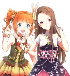  2girls :d black_neckwear blue_eyes blunt_bangs brown_hair commentary_request dress flower gloves green_dress hair_flower hair_ornament hair_ribbon hand_up idolmaster idolmaster_(classic) idolmaster_million_live! idolmaster_million_live!_theater_days kuro_n314 locked_arms long_hair looking_at_viewer minase_iori multiple_girls open_mouth orange_hair pink_eyes pose purple_dress ribbon ribbon_trim short_hair short_sleeves short_twintails sleeveless sleeveless_dress smile standing takatsuki_yayoi twintails white_gloves wristband 