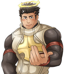  1boy alternate_skin_color bara beckoning black_bodysuit black_hair blush bodysuit dark-skinned_male dark_skin facial_hair halo male_focus mature_male muscular muscular_male outstretched_hand reaching reaching_towards_viewer short_hair sideburns solo stubble sunfight0201 thick_eyebrows tokyo_afterschool_summoners upper_body white_background zabaniyya_(housamo) 