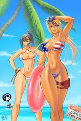  2girls absurdres american_flag american_flag_bikini american_flag_print armpits bare_shoulders bikini black_hair blonde_hair blue_eyes blue_sky breasts cleavage closed_mouth cloud cloudy_sky collarbone commentary_request day eyewear_on_head fingerless_gloves flag_print gloves hand_on_own_hip highres holding holster innertube kasaki_yoshihiko kunai large_breasts long_hair martial_champion multiple_girls navel o-ring o-ring_bikini ocean outdoors palm_leaf palm_tree ponytail print_bikini racheal shark_fin side-tie_bikini_bottom sky star_(symbol) star_print stomach striped sunglasses swim_ring swimsuit thigh_holster thighs tied_hair tree water weapon wristband 