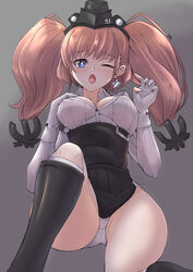  anchor_hair_ornament atlanta_(kancolle) bad_id bad_pixiv_id black_hat black_skirt blush boots breasts brown_hair deekei dress_shirt earrings female garrison_cap gloves grey_eyes groin hair_between_eyes hair_ornament hat high-waist_skirt highres jewelry kantai_collection large_breasts long_hair long_sleeves one_eye_closed open_mouth partially_fingerless_gloves shirt skirt solo star_(symbol) star_earrings suspender_skirt suspenders thighs two_side_up white_shirt 