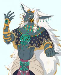  absurd_res anthro clothed clothing ear_piercing flower_in_mouth fur grey_body grey_fur hair head_markings hi_res horn isaacyote_(artist) jewelry long_hair male mammal markings nintendo piercing rauru_(tears_of_the_kingdom) simple_background solo tears_of_the_kingdom the_legend_of_zelda white_hair zonai 