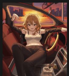  black_border black_bra black_jacket black_pants border bra breasts bridge brown_eyes brown_hair building car car_interior car_seat charm_(object) city cleavage crop_top evening female hair_between_eyes jacket jewelry kongsi korean_commentary looking_at_viewer marvel medium_breasts medium_hair motor_vehicle necklace off_shoulder open_clothes open_jacket original pants parted_lips see-through sitting solo spider-man spider-man_(series) steering_wheel tank_top underwear white_tank_top 