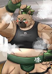  2020 absurd_res anthro belly black_nose blush brown_body brown_fur canid canine canis clothed clothing cute_fangs domestic_dog fur hi_res humanoid_hands juniku_sushi kemono lifewonders male mammal musk musk_clouds navel overweight overweight_anthro overweight_male scar shirt solo sumo tank_top tokyo_afterschool_summoners topwear yasuyori_(tas) yuuuki_desu 