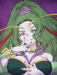  breasts character_name choker cleavage_cutout clothing_cutout commentary crescent crescent_earrings earrings evil_smile female finger_to_face green_hair green_pupils hair_up highres hoop jewelry kazuma_muramasa large_breasts long_hair multicolored_eyes nail_polish oerba_yun_fang ophiuchus_(precure) pale_skin photoshop_(medium) precure purple_background purple_nails signature smile solo spoilers star-shaped_pupils star_(symbol) star_twinkle_precure symbol-shaped_pupils wristband yellow_eyes 