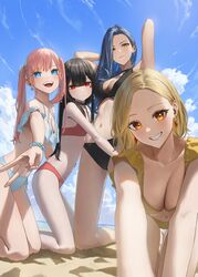  4girls beach bead_bracelet beads bikini black_hair blonde_hair blue_eyes blue_hair bracelet breasts cleavage collar collarbone commentary earrings enokawa_kokoro_(hara_kenshi) flat_chest frilled_bikini frills hara_kenshi highres jewelry kimishima_touka kunitomi_ryouka kuroba_mitsuha large_breasts long_hair looking_at_viewer medium_breasts multiple_girls navel off-shoulder_bikini off_shoulder original outdoors pink_hair reaching reaching_towards_viewer red_eyes sand short_hair sky smile swimsuit twintails v yellow_eyes 