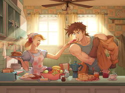  1boy ^_^ apron bacon bandana bare_shoulders battle_tendency blonde_hair blue_eyes bread bread_slice brown_hair ceiling_fan closed_eyes commentary couple dressing earrings egg english_commentary feeding female food food_in_mouth fruit_bowl gloves hair_bun highres husband_and_wife jacket jam jewelry jojo_no_kimyou_na_bouken joseph_joestar joseph_joestar_(young) kitchen mouth_hold muscular muscular_male norue pancake polka_dot polka_dot_apron sausage single_hair_bun straight suzi_q tank_top toast toast_in_mouth toaster utensil_rack 