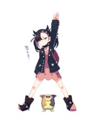  arm_up asymmetrical_bangs bad_id bad_pixiv_id black_choker black_footwear black_jacket black_nails blush boots charizard_pose choker closed_mouth commentary_request dress eyelashes female green_eyes hair_over_one_eye hair_ribbon highres jacket legs_apart long_sleeves looking_at_viewer marnie_(pokemon) morpeko morpeko_(full) nail_polish open_clothes open_jacket pink_dress pokemon pokemon_(creature) pokemon_swsh red_ribbon ribbon s_ryouchi translation_request w white_background 