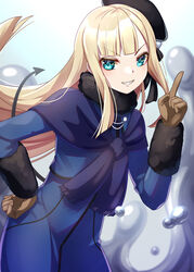  aqua_eyes beret black_hat blonde_hair blue_dress blue_jacket blue_scarf blush breasts brown_gloves cropped_jacket demon_tail dress fate_(series) female flower fur_collar gloves grey_flower grey_rose grin hat jacket long_hair long_sleeves looking_at_viewer lord_el-melloi_ii_case_files mercury_(element) reines_el-melloi_archisorte rose ryofuhiko scarf sidelocks small_breasts smile solo tail tilted_headwear volumen_hydragyrum_(fate) 