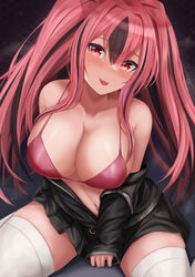  absurdres azur_lane bare_shoulders bikini black_jacket black_shorts blush breasts bremerton_(azur_lane) bremerton_(relaxation_consultation)_(azur_lane) brown_hair cleavage collarbone female hair_intakes highres huge_breasts jacket linea_alba long_sleeves looking_at_viewer multicolored_hair navel navel_piercing official_alternate_costume piercing red_bikini red_eyes red_hair ryara shorts sitting smile solo stomach streaked_hair swimsuit thighhighs thighs tongue tongue_out twintails two-tone_hair wariza white_thighhighs 