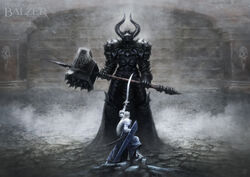  2boys armor artist_name blonde_hair boots breastplate commentary crown duel english_commentary fake_horns fantasy faulds fingolfin from_behind full_armor giant giant_male greaves hammer hand_up helge_c._balzer helmet holding holding_shield holding_sword holding_weapon horned_helmet horns morgoth multiple_boys pauldrons robe scabbard sheath shield shoulder_armor silmaril_(gem) sword the_silmarillion tolkien&#039;s_legendarium unsheathed war_hammer weapon 