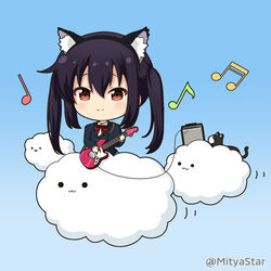  :3 amplifier animal animal_ear_fluff animal_ears beamed_sixteenth_notes black_cat black_hair black_hairband black_jacket blazer blue_background blush brown_eyes cat_ears chibi closed_mouth cloud collared_shirt commentary_request eighth_note electric_guitar fake_animal_ears feline female fender_mustang guitar hair_between_eyes hairband holding holding_instrument instrument jacket k-on! long_hair mitya musical_note nakano_azusa neck_ribbon quarter_note red_ribbon ribbon sakuragaoka_high_school_uniform school_uniform shirt smile solid_circle_eyes solo twintails twitter_username white_shirt winter_uniform 