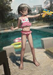  :d absurdres bare_legs barefoot bikini black_eyes black_hair blush bracelet day dutch_angle female flat_chest frilled_bikini frills full_body highres holding holding_water_gun jewelry left-handed looking_to_the_side navel open_mouth original outdoors outstretched_arm pink_bikini pool ribs shadow shion_(mirudakemann) short_hair smile solo standing stomach swimsuit water_gun 