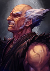  1boy bald clenched_teeth dougi facial_hair from_side grey_background hungry_clicker male_focus mishima_heihachi moustache muscular muscular_male old old_man short_hair solo teeth tekken traditional_media white_hair 