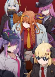  5girls absurdres ahoge amane_kanata baseball_cap bibi_(tokoyami_towa) black_jacket blowing_bubbles bow braid chewing_gum choker collarbone collared_shirt commentary_request cosplay crescent crescent_hair_ornament dragon_girl dragon_horns dress_shirt eyes_visible_through_hair fedora formal green_eyes hair_ornament halo hat heterochromia highres himemori_luna holoforce hololive horn_bow horn_ornament horns jacket jewelry kiryu_coco kiryu_kazuma kiryu_kazuma_(cosplay) lapel_pin lapels looking_at_viewer loose_necktie multiple_girls necktie notched_lapels o-ring o-ring_choker open_collar pink_hair red_background ring rlin ryuu_ga_gotoku ryuu_ga_gotoku_(series) sheep_girl sheep_horns shirt star_halo suit sunglasses tokoyami_towa tsunomaki_watame virtual_youtuber watch white_jacket wing_collar wristwatch 