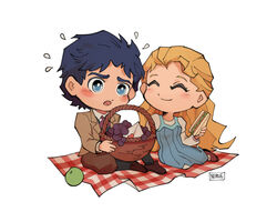  1boy ^_^ aged_down apple ascot blanket blonde_hair blue_dress blue_eyes blue_hair blush chibi closed_eyes closed_mouth commentary couple dress english_commentary erina_pendleton female flying_sweatdrops food fruit grapes green_apple jojo_no_kimyou_na_bouken jonathan_joestar lolicon long_hair norue open_mouth phantom_blood picnic_basket sandwich short_hair simple_background sitting smile straight white_background 