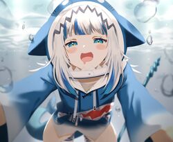  air_bubble animal_hood blue_eyes blue_hair blue_hoodie blunt_bangs blurry blush blush_stickers bubble commentary depth_of_field drooling fangs female fins fish_tail gawr_gura gawr_gura_(1st_costume) grey_hair half-closed_eyes highres hololive hololive_english hood hoodie looking_at_viewer medium_hair multicolored_hair open_mouth ponnu_(nikeytina) pov saliva shark_girl shark_hood shark_tail sharp_teeth smile solo streaked_hair tail teeth two-tone_hair underwater virtual_youtuber 