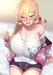  bad_id bad_twitter_id bare_shoulders blonde_hair blush breasts brown_eyes cleavage collarbone commentary drunk female highres huge_breasts jacket long_hair looking_at_viewer nijisanji nuezou nui_sociere nui_sociere_(2nd_costume) oerba_yun_fang orange_eyes raised_eyebrows red_scrunchie scrunchie short_shorts shorts skin_fang smile solo thighs virtual_youtuber 