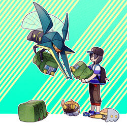  1boy baseball_cap black_eyes black_hair charjabug commentary_request diagonal_stripes elio_(pokemon) evolutionary_line flying full_body grubbin hat hk_(nt) holding holding_pokemon pokemon pokemon_(creature) pokemon_sm shirt shoes standing striped_background striped_clothes striped_shirt vikavolt 