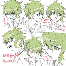  1boy amami_rantaro blush danganronpa_(series) danganronpa_v3:_killing_harmony ear_piercing earrings green_eyes green_hair grin hair_between_eyes hand_up jewelry looking_at_viewer male_focus multiple_views necklace parted_lips piercing portrait protected_link ring short_hair sideways_glance smile spot_color sweatdrop teeth togi9999 translation_request upper_teeth_only watermark 