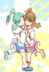  2girls altaria aqua_eyes aqua_hair beak bird blue_feathers blue_footwear blush brown_hair commentary_request feathers fluffy full_body green_eyes hair_ornament hair_ribbon lisia_(pokemon) long_hair looking_at_viewer may_(pokemon) miniskirt mizuto_(o96ap) multiple_girls one_eye_closed pink_footwear pokemon pokemon_(creature) pokemon_oras ponytail ribbon shoes skirt smile standing standing_on_one_leg symmetrical_hand_pose white_feathers 