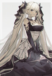  absurdres azur_lane bare_shoulders black_dress black_ribbon border breasts chromatic_aberration cleavage dress earrings female formidable_(azur_lane) grey_background grey_border grey_eyes hair_ribbon highres jewelry large_breasts long_hair long_sleeves looking_at_viewer outside_border parted_lips ribbon sidelocks simple_background sitting solo twintails v_arms very_long_hair wenquangua white_hair 