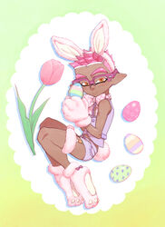  1boy animal_ears bare_shoulders blush dark-skinned_male dark_skin easter easter_egg egg eyebrows flower food full_body hairband highres holding holding_egg holding_food inkling inkling_boy inkling_player_character looking_at_viewer male_focus orange_eyes over-rim_eyewear pink-framed_eyewear pink_hair rabbit_boy rabbit_ears rabbit_paws rabbit_tail semi-rimless_eyewear senpai_(souzaipan) short_shorts shorts smile solo souzaipan spiked_hair splatoon_(series) tail tulip 