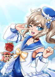  &gt;_&lt; 2girls :d ;d \m/ absurdres ahoge armpits arms_up atawatsho backpack bag barbara_(genshin_impact) barbara_(summertime_sparkle)_(genshin_impact) blonde_hair blue_eyes blue_sky brown_gloves brown_scarf cabbie_hat choker cloud cloudy_sky clover_print collarbone commentary detached_sleeves drill_hair genshin_impact gloves hair_between_eyes hat highres horizon in_water jumpy_dumpty klee_(genshin_impact) light_brown_hair long_hair looking_at_viewer low_twintails multiple_girls ocean official_alternate_costume one_eye_closed open_mouth pointy_ears pose randoseru red_headwear sailor_collar scarf sidelocks sky smile swimsuit throwing twin_drills twintails xd 