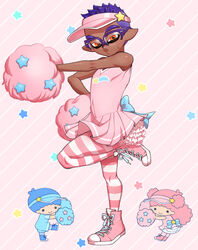  2boys blush cheerleader crossdressing dark-skinned_male dark_skin dress female full_body high_tops highres inkling inkling_boy inkling_player_character kiki_(little_twin_stars) lala_(little_twin_stars) little_twin_stars looking_at_viewer male_focus multiple_boys orange_eyes over-rim_eyewear pantyhose pink_dress pink_legwear pleated_dress pom_pom_(cheerleading) pose purple-framed_eyewear purple_hair sanrio semi-rimless_eyewear senpai_(souzaipan) shoes sneakers souzaipan spiked_hair splatoon_(series) striped_clothes striped_pantyhose sweatdrop tentacle_hair visor 