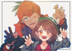  1boy absurdres black_hair black_hoodie blush brown_eyes brown_hair cardigan claw_pose commentary_request earrings eyelashes female gloria_(pokemon) gloves green_headwear grey_cardigan hands_up hat highres hood hoodie jewelry one_eye_closed open_mouth orange_headwear partially_fingerless_gloves pokemon pokemon_swsh raihan_(pokemon) single_glove smile suna_co tam_o&#039;_shanter teeth tongue 