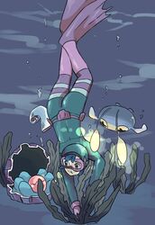  antennae black_eyes blue_hair chinchou clamperl colored_sclera commentary_request cross-shaped_pupils dark diving_hood diving_mask diving_suit female flippers free_diver_(pokemon) freediving full_body goggles holding_breath light mizuto_(o96ap) poke_ball poke_ball_(basic) pokemon pokemon_(creature) pokemon_oras symbol-shaped_pupils underwater water yellow_sclera 