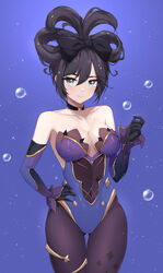  alternate_hairstyle aqua_eyes ass_visible_through_thighs bare_shoulders black_gloves black_hair blue_leotard borrowed_hairstyle breasts bubble choker cinnamiku_hairstyle cleavage closed_mouth collarbone cowboy_shot detached_sleeves dot_nose feint721 female genshin_impact gloves hair_between_eyes hand_on_own_hip hand_up highres leotard looking_at_viewer medium_breasts mona_(genshin_impact) pantyhose solo sparkle_print strapless strapless_leotard thigh_gap thighlet updo 