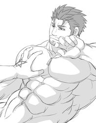  2boys abs bara beard between_pectorals completely_nude dagon_(housamo) facial_hair frown grabbing greyscale groping jewelry large_pectorals male_focus mature_male monochrome moustache multiple_boys muscular muscular_male navel necklace no_nipples nude pectoral_grab pectorals short_hair sideburns solo_focus stomach stubble sunfight0201 tokyo_afterschool_summoners unfinished upper_body yaoi 