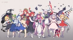  6+girls :d :o ^_^ banned_artist barefoot bat bat_wings blonde_hair blue_bow blue_dress blue_eyes blue_hair bobby_socks book bow braid china_dress chinese_clothes cirno closed_eyes commentary_request crystal daiyousei darkness dress fairy_wings flandre_scarlet frilled_skirt frills full_body gradient gradient_background green_eyes green_hair hairbow hajin hat head_wings highres hong_meiling izayoi_sakuya koakuma laevatein long_hair long_sleeves looking_at_viewer maid maid_headdress multiple_girls open_mouth patchouli_knowledge polearm puffy_short_sleeves puffy_sleeves purple_eyes purple_hair red_eyes red_hair remilia_scarlet rumia short_hair short_sleeves side_ponytail silver_hair simple_background skirt smile socks spear spear_the_gungnir standing standing_on_one_leg the_embodiment_of_scarlet_devil touhou twin_braids very_long_hair weapon white_legwear wide_sleeves wings 