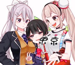  3girls :d black_choker black_eyes black_hair black_jacket blush breasts breasts_squeezed_together brown_cardigan brown_hair cardigan choker closed_mouth collared_shirt elu_(1st_costume)_(nijisanji) elu_(nijisanji) grey_hair hair_ornament hairband hairclip half-closed_eyes height_difference higuchi_kaede higuchi_kaede_(1st_costume) i_heart... jacket kawai_rou large_breasts long_sleeves mole mole_under_eye multiple_girls necktie nijisanji open_mouth pointy_ears ponytail purple_eyes purple_necktie red_eyes scrunchie shirt side_ponytail simple_background smile teeth tsukino_mito tsukino_mito_(1st_costume) upper_teeth_only v virtual_youtuber white_background white_shirt wing_collar wrist_scrunchie 