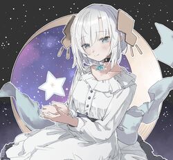  absurdres ars_almal back_bow blue_eyes blush bow choker collarbone commentary crescent_moon dress female gregorio_(fullkawa_honpo) hair_ornament highres long_sleeves looking_at_viewer moon nijisanji omochi_chowder sitting sky smile solo star_(sky) star_(symbol) star_choker starry_sky symbol-only_commentary virtual_youtuber white_dress white_hair 