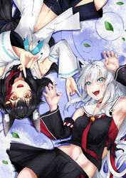  2girls ahoge animal_ear_fluff animal_ears armpits asahi_tsujino black_hair black_shirt black_shorts black_skirt blue_neckerchief braid breasts claw_pose commentary_request cosplay costume_switch crop_top detached_sleeves double_fox_shadow_puppet fox_ears fox_girl fox_shadow_puppet green_eyes hair_between_eyes highres hololive hood hoodie long_hair looking_at_viewer lying medium_breasts midriff multicolored_hair multiple_girls navel neckerchief necktie on_back ookami_mio ookami_mio_(1st_costume) ookami_mio_(cosplay) open_mouth red_hair red_necktie shirakami_fubuki shirakami_fubuki_(1st_costume) shirakami_fubuki_(cosplay) shirt short_shorts shorts sidelocks single_braid skirt streaked_hair virtual_youtuber white_hair white_hoodie wolf_ears wolf_girl yellow_eyes 