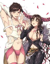  1boy armpits belial_(granblue_fantasy) belial_(granblue_fantasy)_(cosplay) black_shirt blush breasts brown_hair bulge cleavage commentary cosplay costume_switch crossdressing facial_mark fate/extra fate/extra_ccc fate/grand_order fate_(series) feather_boa female forehead_mark granblue_fantasy habit highres horn_ornament horn_ring horns large_breasts lingerie pectorals petals pink_legwear priestess red_eyes sessyoin_kiara sessyoin_kiara_(cosplay) shirt symbol-only_commentary thighhighs tongue tongue_out trait_connection underwear uuruung veil 