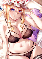  :d blonde_hair blurry breasts cleavage commentary_request commission depth_of_field female from_above hat highres large_breasts light_blush long_hair looking_at_viewer mirufui mob_cap navel on_bed open_mouth purple_eyes sidelocks sitting skeb_commission smile solo tabard_removed touhou underwear yakumo_yukari 