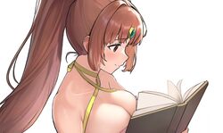  ahonoko bare_shoulders book breasts brown_eyes brown_hair circlet cleavage collarbone criss-cross_halter dress female fire_emblem fire_emblem:_mystery_of_the_emblem fire_emblem:_shadow_dragon halterneck high_ponytail highres holding holding_book large_breasts linde_(fire_emblem) long_hair open_book simple_background sleeveless sleeveless_dress smile solo upper_body very_long_hair white_background 