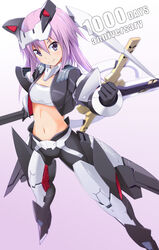  alice_gear_aegis anniversary female flat_chest highres hirasaka_yotsuyu looking_up mecha_musume midriff navel purple_eyes purple_hair solo zb_(dawn-blue) 