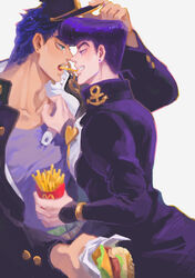  2boys absurdres arm_up blue_eyes blue_hair burger chains diamond_wa_kudakenai eating eye_contact feeding food french_fries from_side gakuran hand_on_headwear hat higashikata_josuke highres holding holding_food jacket jojo_no_kimyou_na_bouken kujo_jotaro long_coat long_sleeves looking_at_another male_focus mogy88428 mouth_hold multiple_boys pompadour purple_eyes purple_hair school_uniform shared_food short_hair stardust_crusaders white_jacket yaoi 