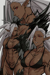  abs absurdres armor bikini black_bikini black_gloves breasts collarbone commentary dark-skinned_female dark_elf dark_skin drill_(emilio) earrings elf eyes_visible_through_hair female gloves grey_hair highleg highleg_bikini highres jewelry long_hair medium_breasts multiple_views muscular muscular_female navel neytharone_(drill_(emilio)) original parted_lips pointy_ears ponytail red_eyes shoulder_armor spikes swimsuit tattoo 