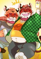  2020 alcohol anthro beer belly beverage bottomwear brother_(lore) brothers_(lore) bumomomoboa clothed clothing drunk duo eyewear facial_hair felid glasses hi_res hug humanoid_hands kemono male mammal navel open_clothing open_shirt open_topwear overweight overweight_male pantherine pants shirt sibling_(lore) substance_intoxication tiger topwear 