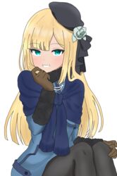  atsumisu bad_id bad_pixiv_id beret black_hat black_pantyhose black_ribbon blonde_hair blue_dress blue_eyes blue_flower blue_rose blush brown_gloves dress fate/grand_order fate_(series) feet_out_of_frame female flower fur-trimmed_sleeves fur_trim gloves grin hair_flower hair_ornament hand_up hat long_hair looking_at_viewer lord_el-melloi_ii_case_files pantyhose reines_el-melloi_archisorte ribbon rose simple_background sitting smile solo tilted_headwear very_long_hair white_background 